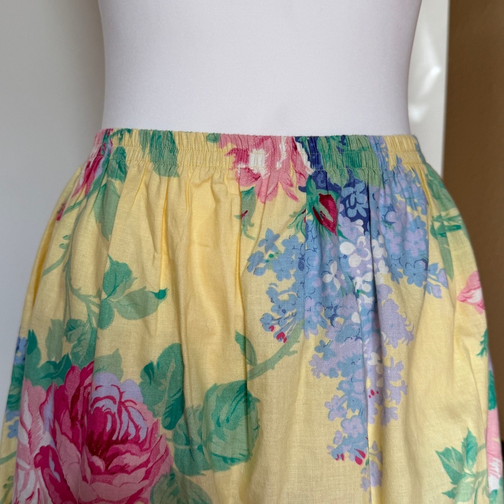 Vintage Yellow Floral Rose Hydrangea Midi Skirt Small Made USA Cotton Grannycore - Picture 2 of 5